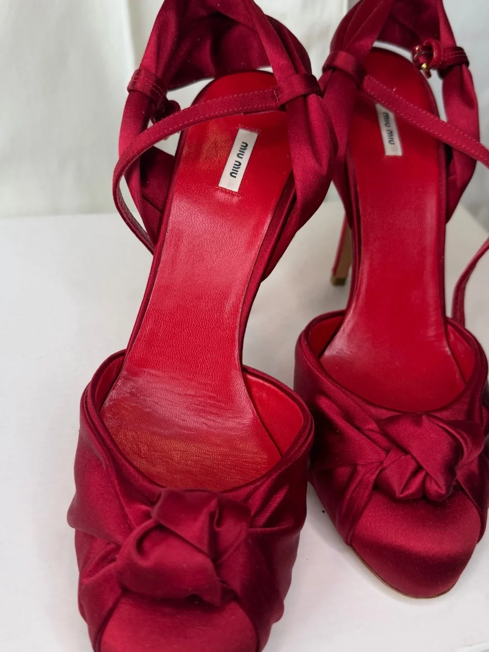 Miu Miu Crimson Satin Knotted Peep-Toe Heels